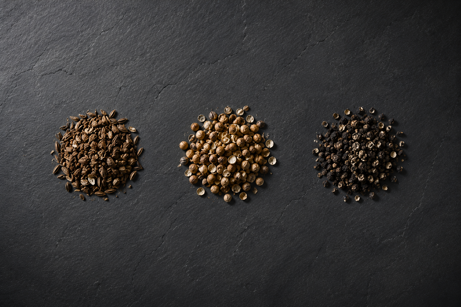 Cracked spice protocol. Top-down photograph on dark matte stone. Three precise architectural piles: cracked caraway, cracked coriander, cracked black peppercorns. Measured, disciplined, ingredients waiting for a protocol.