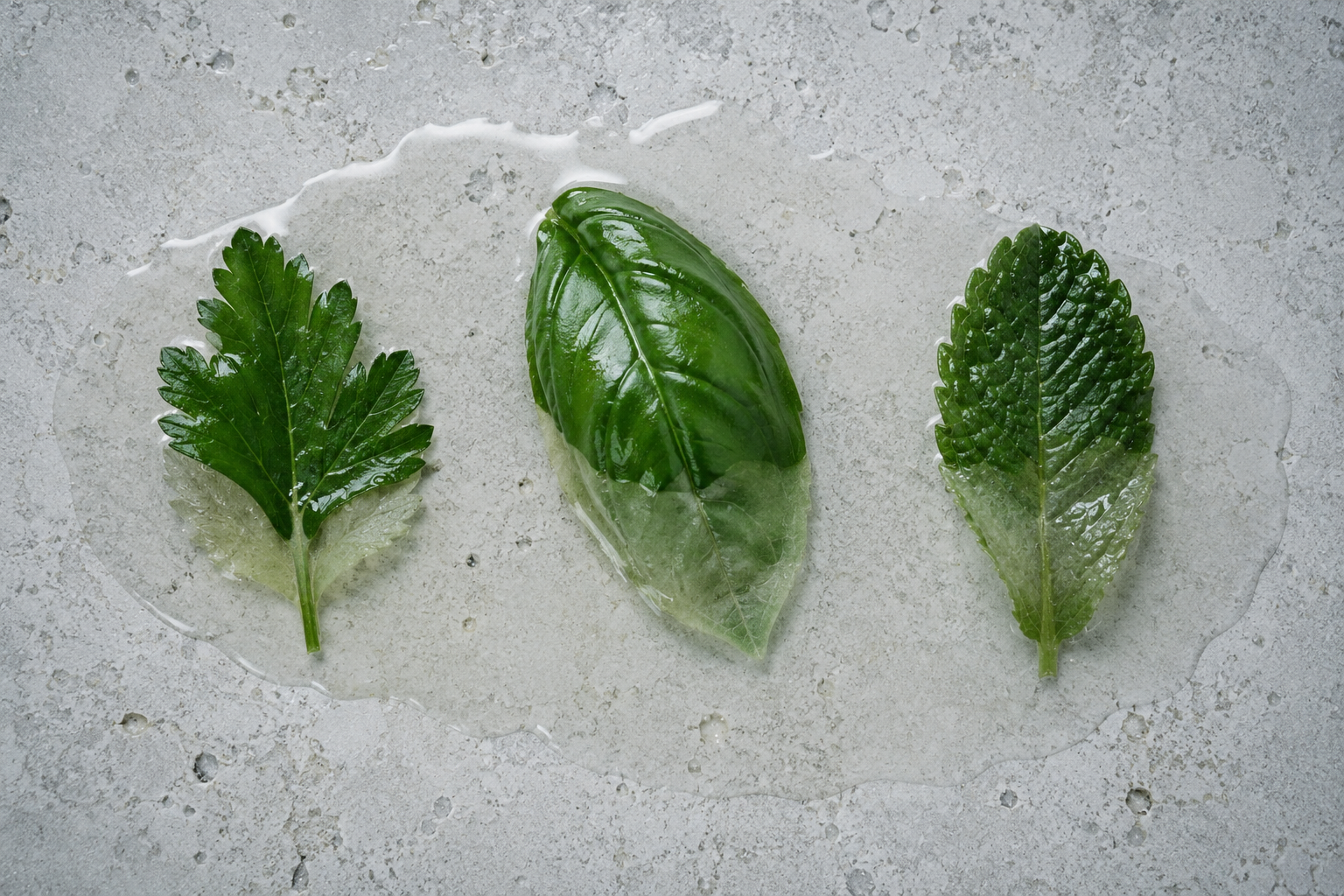 Herb collapse study. Top-down photograph on pale unpolished limestone. Three fresh whole herb leaves partially submerged in a shallow pool of clear acidic brine, losing colour at the submerged edges. The volatile compounds are dissolving into the brine.