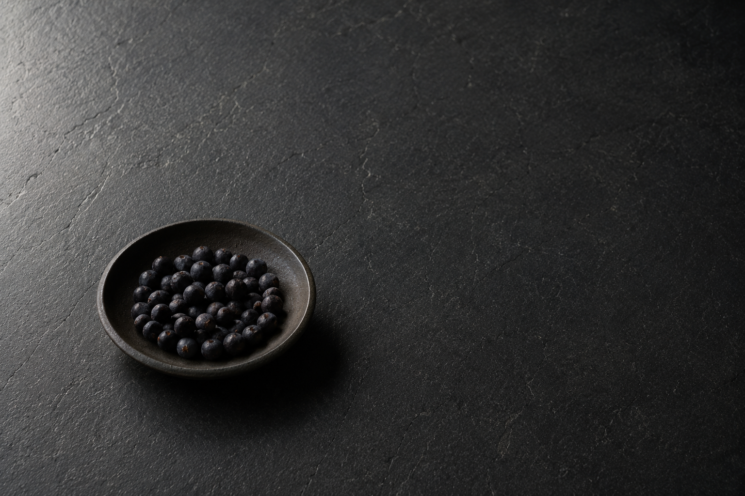 Juniper study. Single matte dark ceramic dish off-centre on dark unpolished stone. A handful of whole juniper berries. Massive negative space. The French direction in one image.