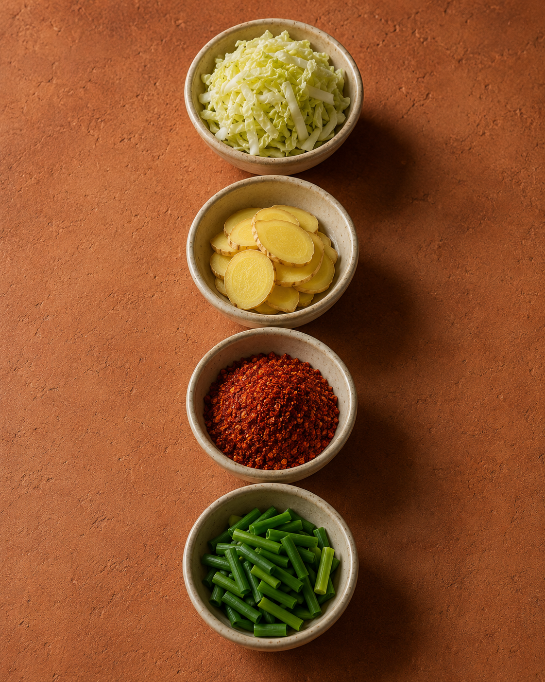 Korean ingredient taxonomy. Portrait photograph on warm terracotta clay shelf. Four matte ceramic specimen bowls stacked vertically: napa cabbage, ginger coins, gochugaru flakes, spring onion batons. Where colour arrives.