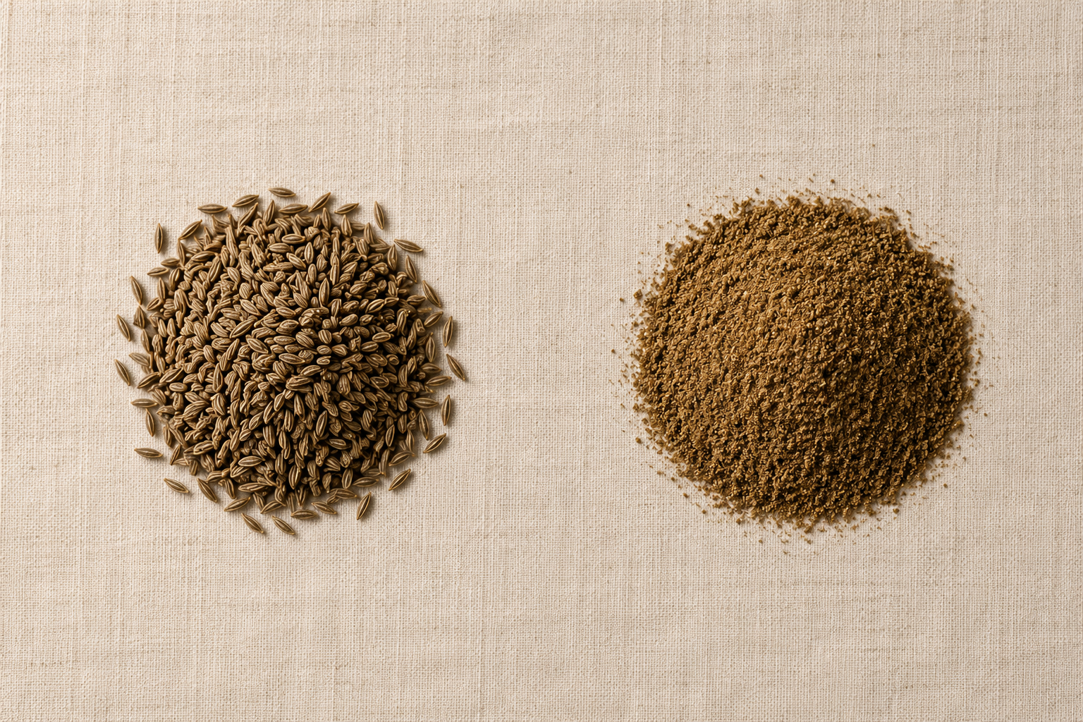 Whole vs ground caraway specimen study. Top-down photograph on warm pale linen. Left: a precise pile of whole caraway seeds. Right: a precise pile of ground caraway. Perfect bilateral symmetry. Museum specimen card register.