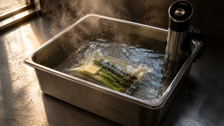 Asparagus and a slab of cultured butter vacuum sealed in a bag, cooking in a stainless steel sous vide bath with an Anova circulator