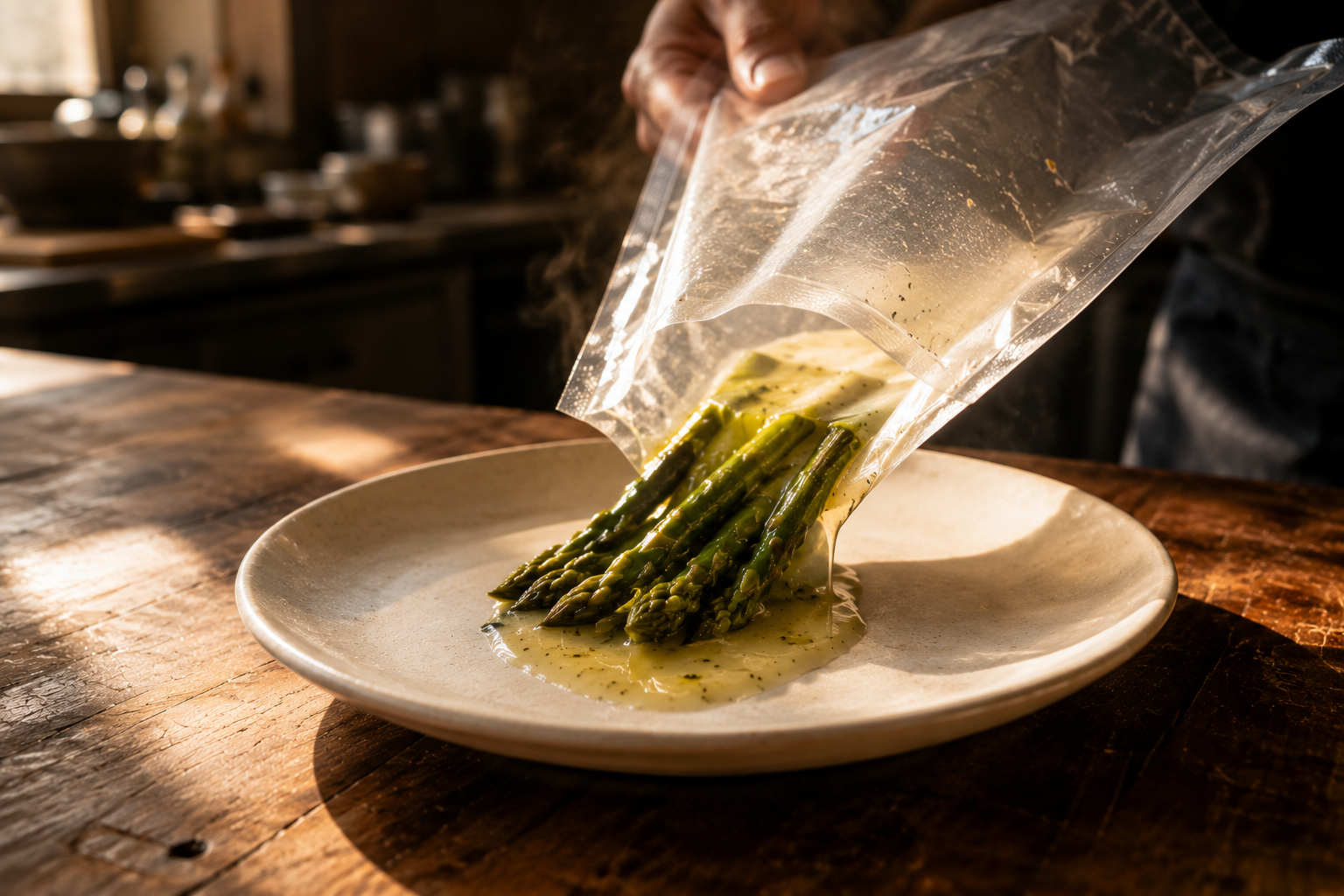 A hand tipping sous vide asparagus and cultured butter sauce from the bag onto a plate