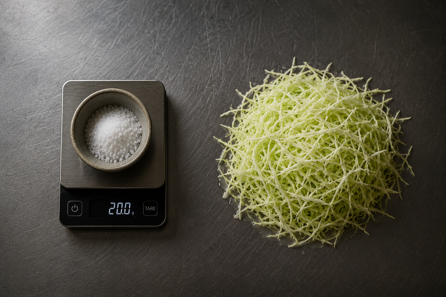 A ceramic bowl of fine salt on a digital scale reading 20.0 grams, beside a pile of finely shredded green cabbage on a dark steel bench.