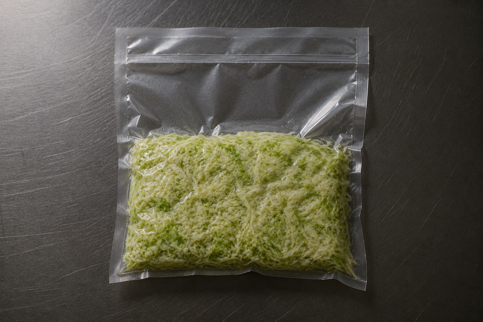 A clear vacuum bag of finely shredded green cabbage compressed flat in the lower third, on a dark steel bench.