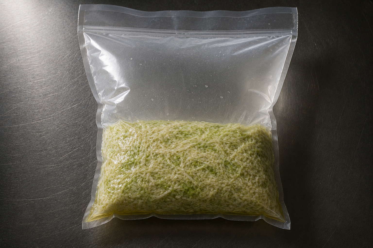 The same vacuum bag now inflated and taut, the shredded cabbage shifted golden, brine pooled at the base.