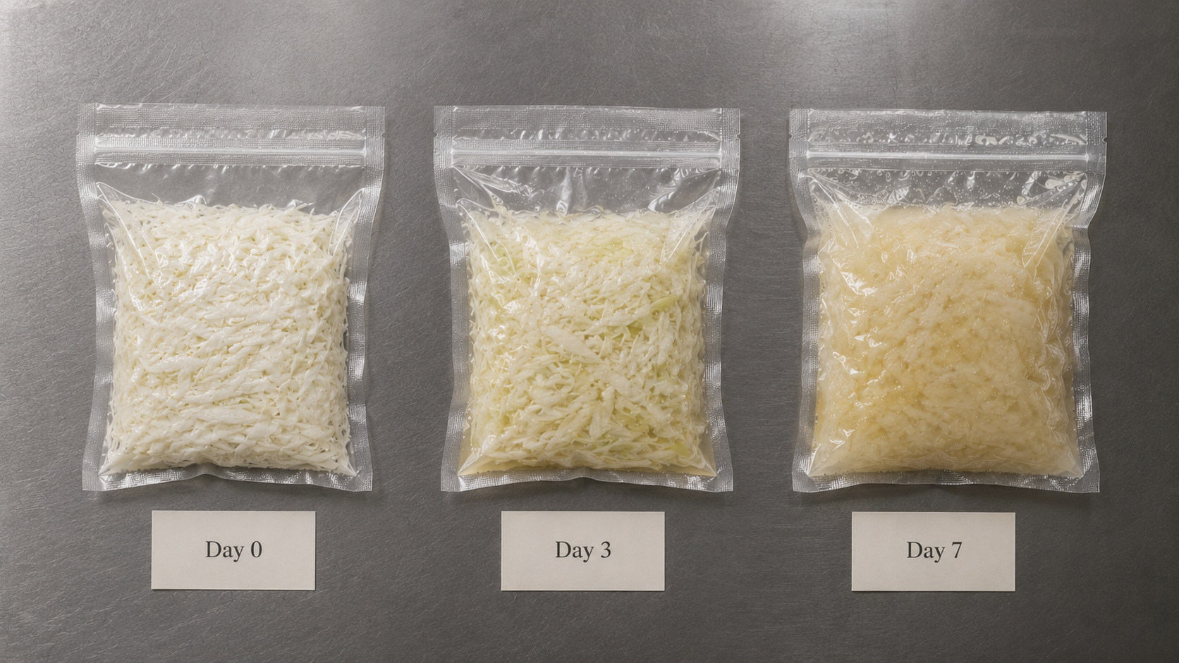 Three chamber-vac bags of fermenting cabbage at Day 0, Day 3, and Day 7
