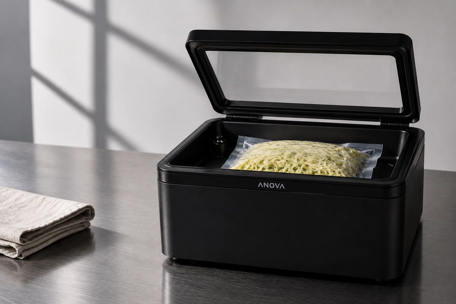 Open chamber vacuum sealer with a bag of shredded cabbage sealed inside, on a stainless steel bench