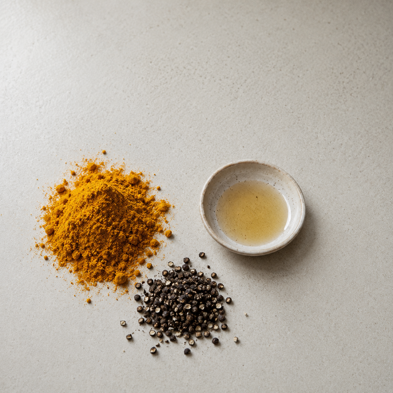 Ground turmeric, coarsely cracked black pepper and a dish of oil