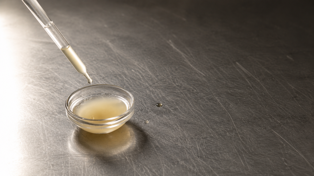 A glass dropper poised over a small dish of cloudy liquid on a stainless steel bench