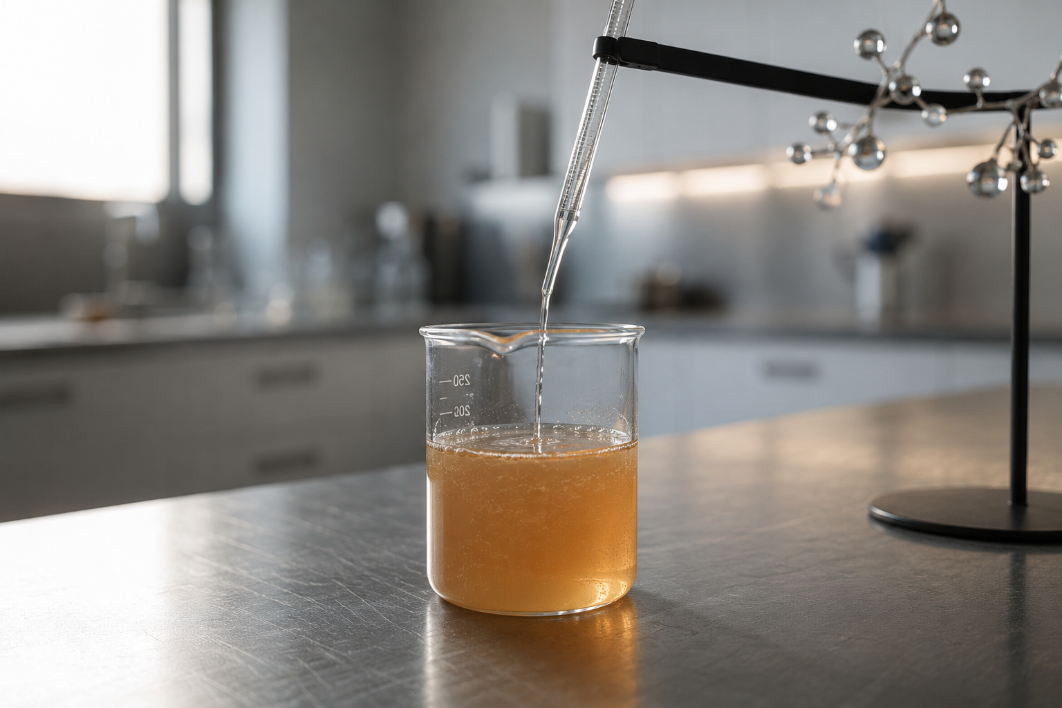 Glass pipette mid-pour into a beaker of amber fermented brine, molecular chain at the edge of frame