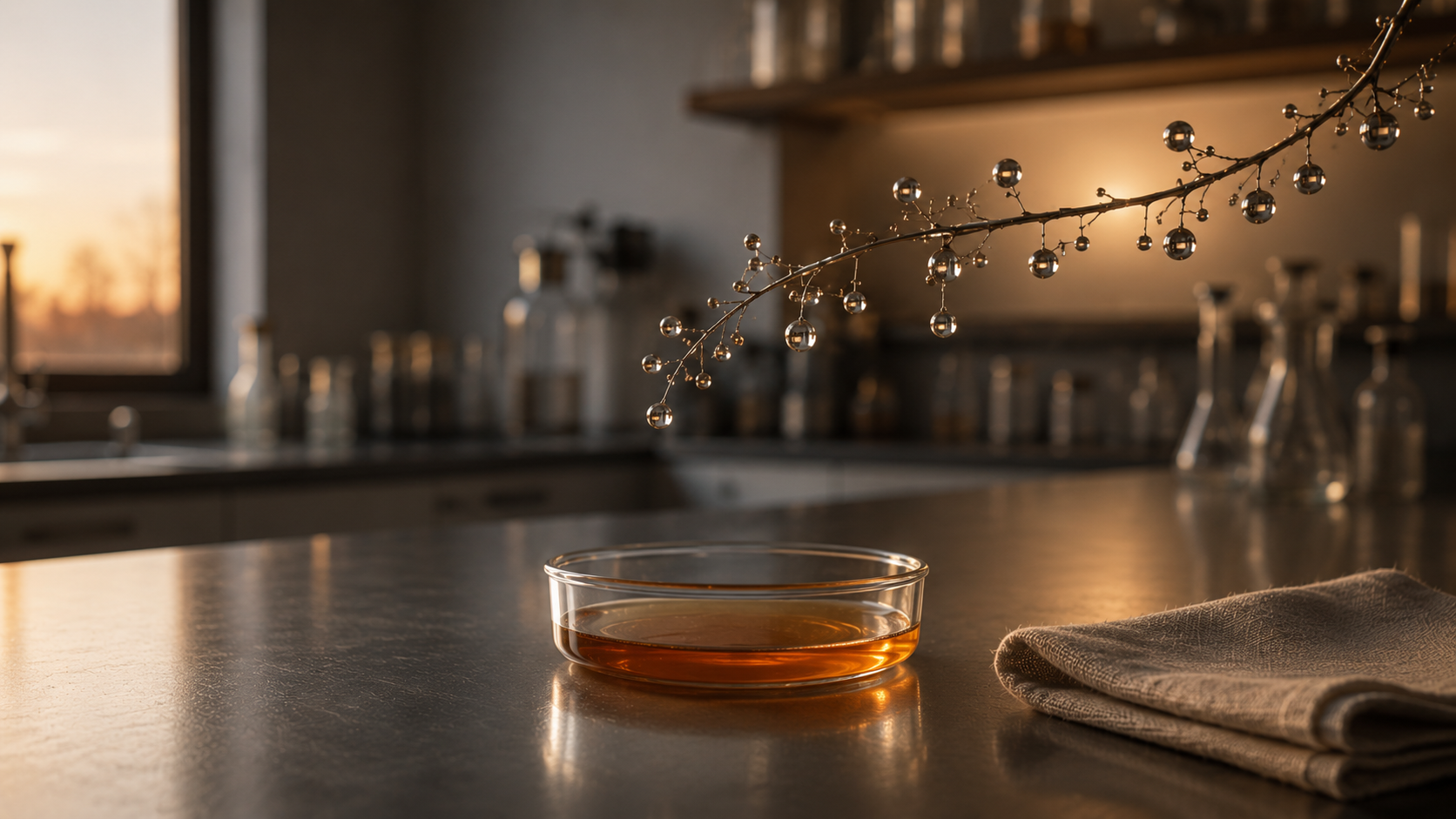 A petri dish of settled fermented brine on a stainless steel kitchen bench at dusk, molecular chain at rest above