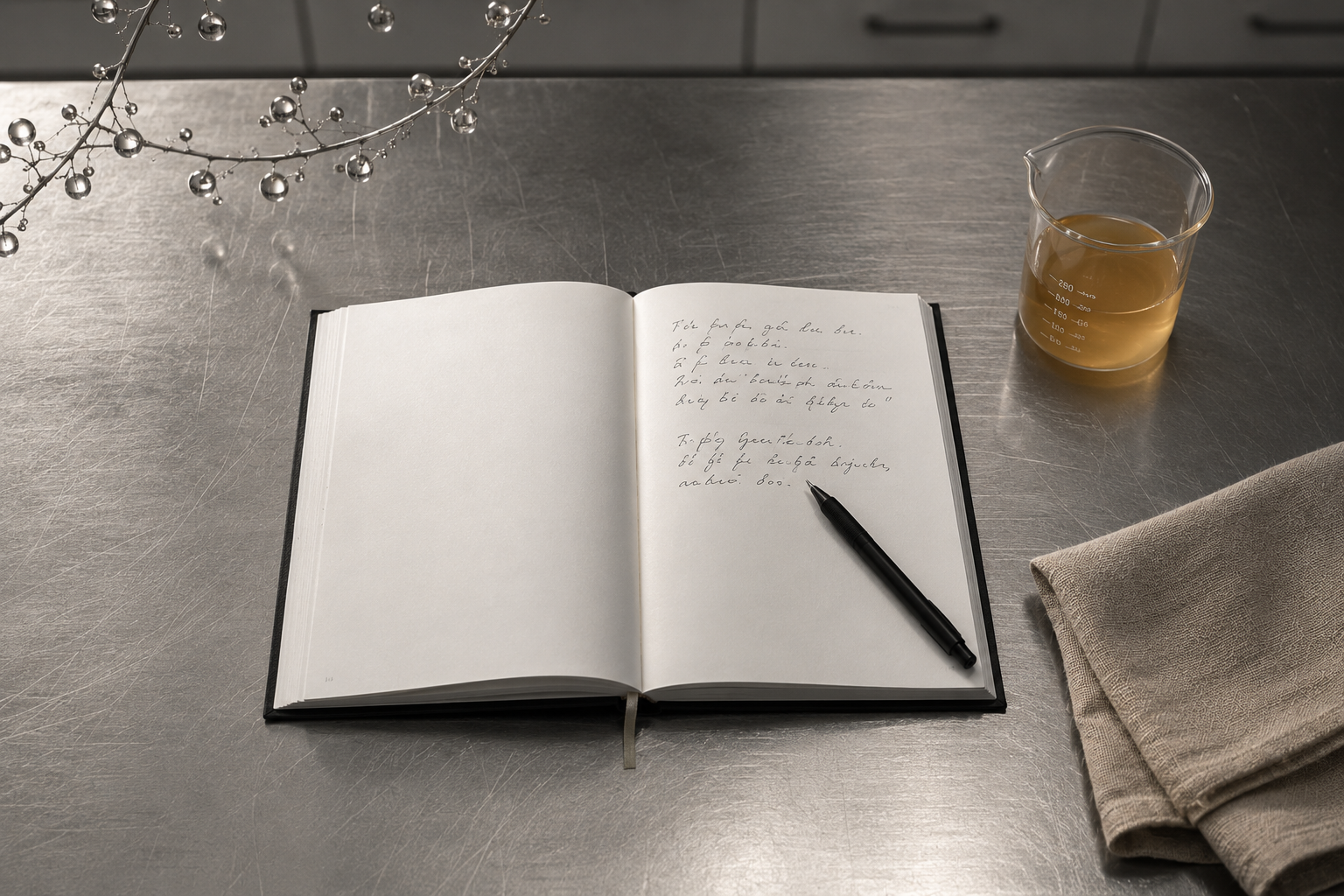 Open notebook with handwritten notes and a small beaker of fermented brine on a stainless steel bench