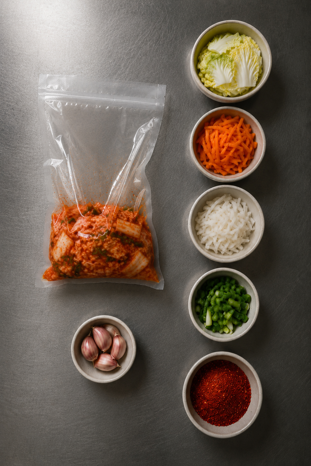 Vacuum-sealed kimchi bag above a vertical mise-en-place of cabbage, carrot, garlic, daikon, scallions and gochugaru, on a stainless steel bench