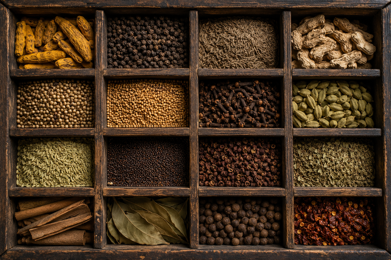 A worn antique wooden spice drawer with sixteen compartments, each containing a different whole spice or seed
