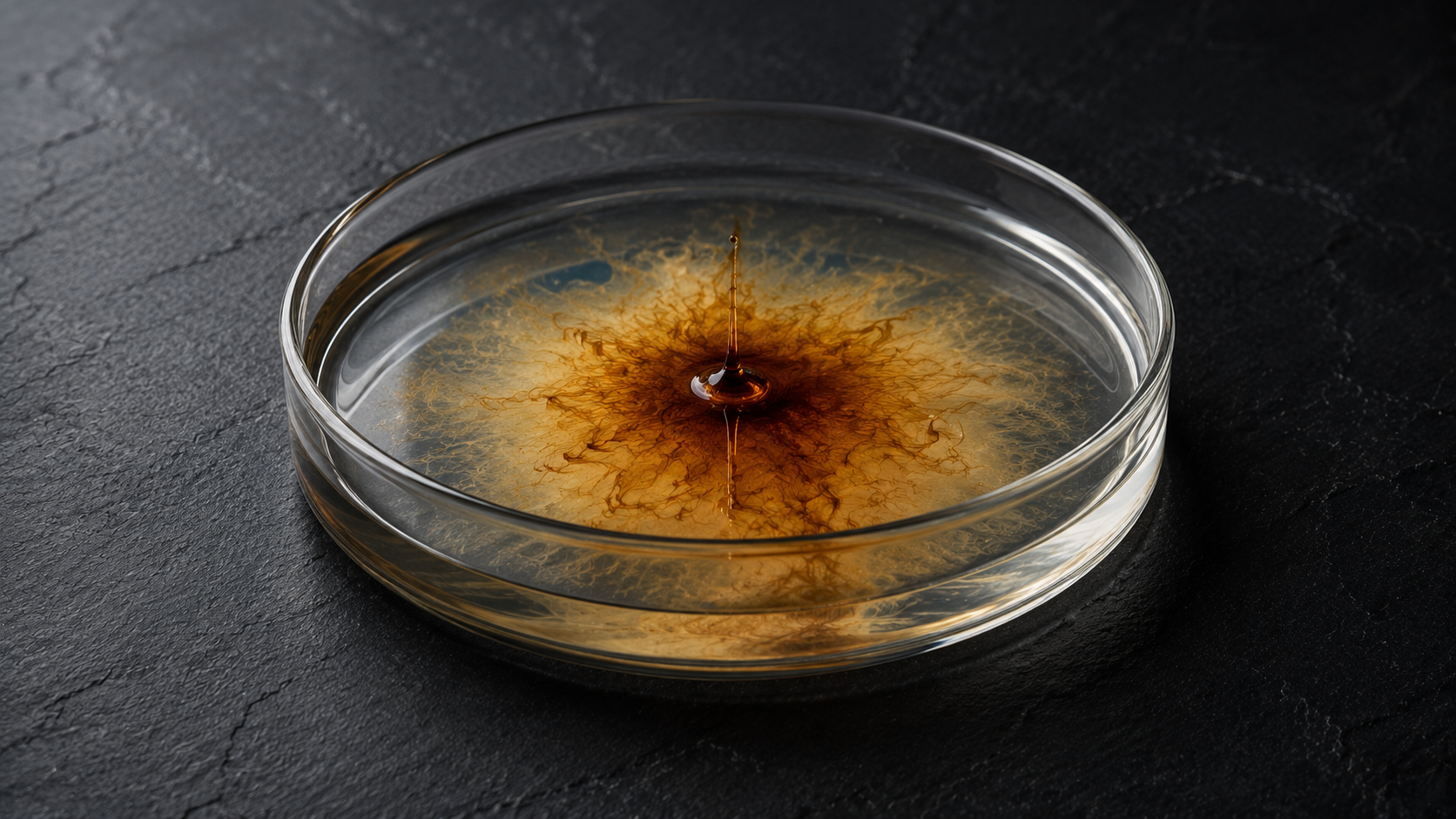 A clear glass petri dish on dark slate, showing concentric diffusion of dark amber spice extract through clear water
