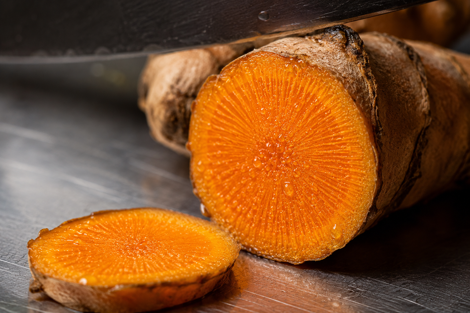 Macro photograph of fresh turmeric root cut to reveal radial fibre structure and beads of moisture on the orange flesh