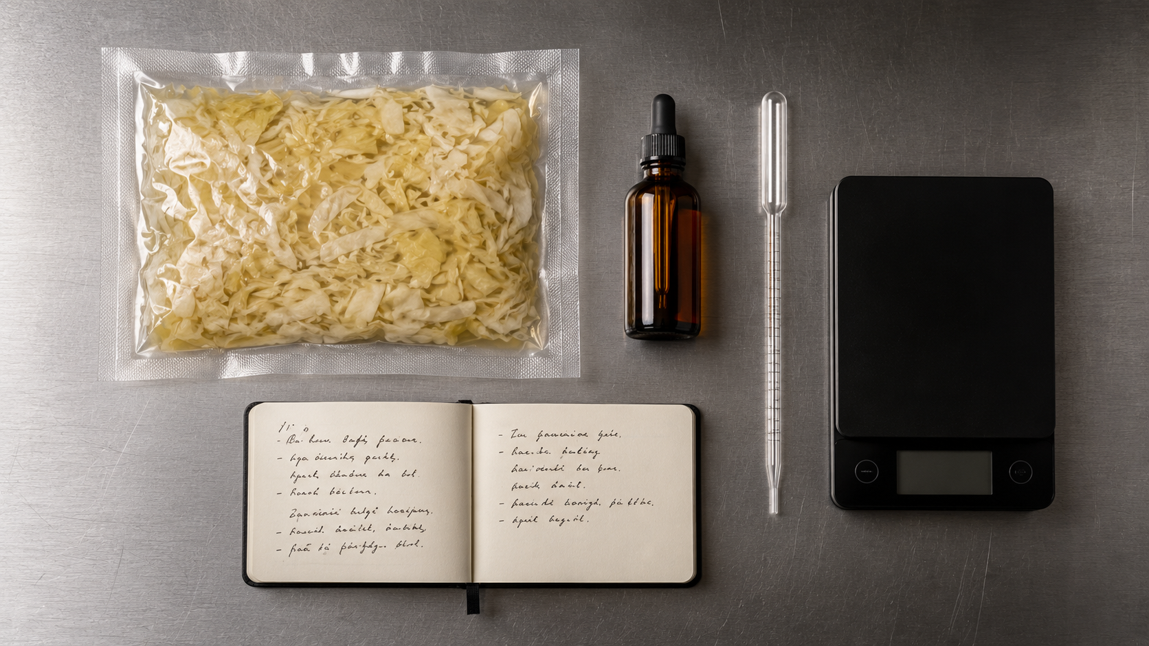 Top-down flat-lay of a working protocol station on a brushed stainless steel bench: chamber-vac bag of fermented cabbage, amber tincture bottle, glass pipette, digital scale, open handwritten notebook