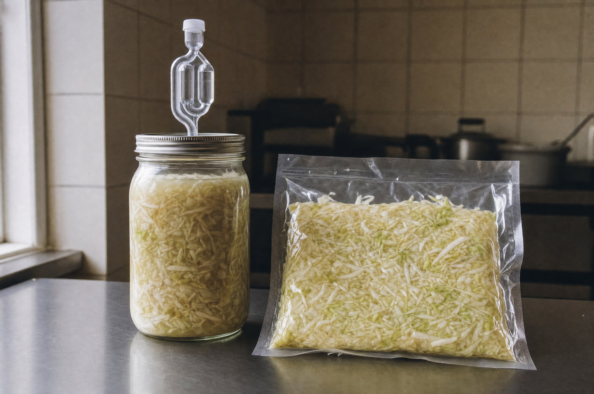 Airlock mason jar and a flat vacuum-sealed bag of cabbage side by side