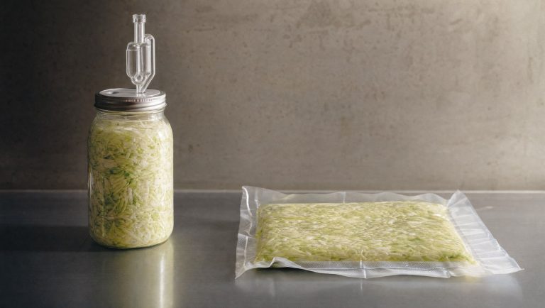 Airlock mason jar beside a flat vacuum-sealed bag on a steel bench
