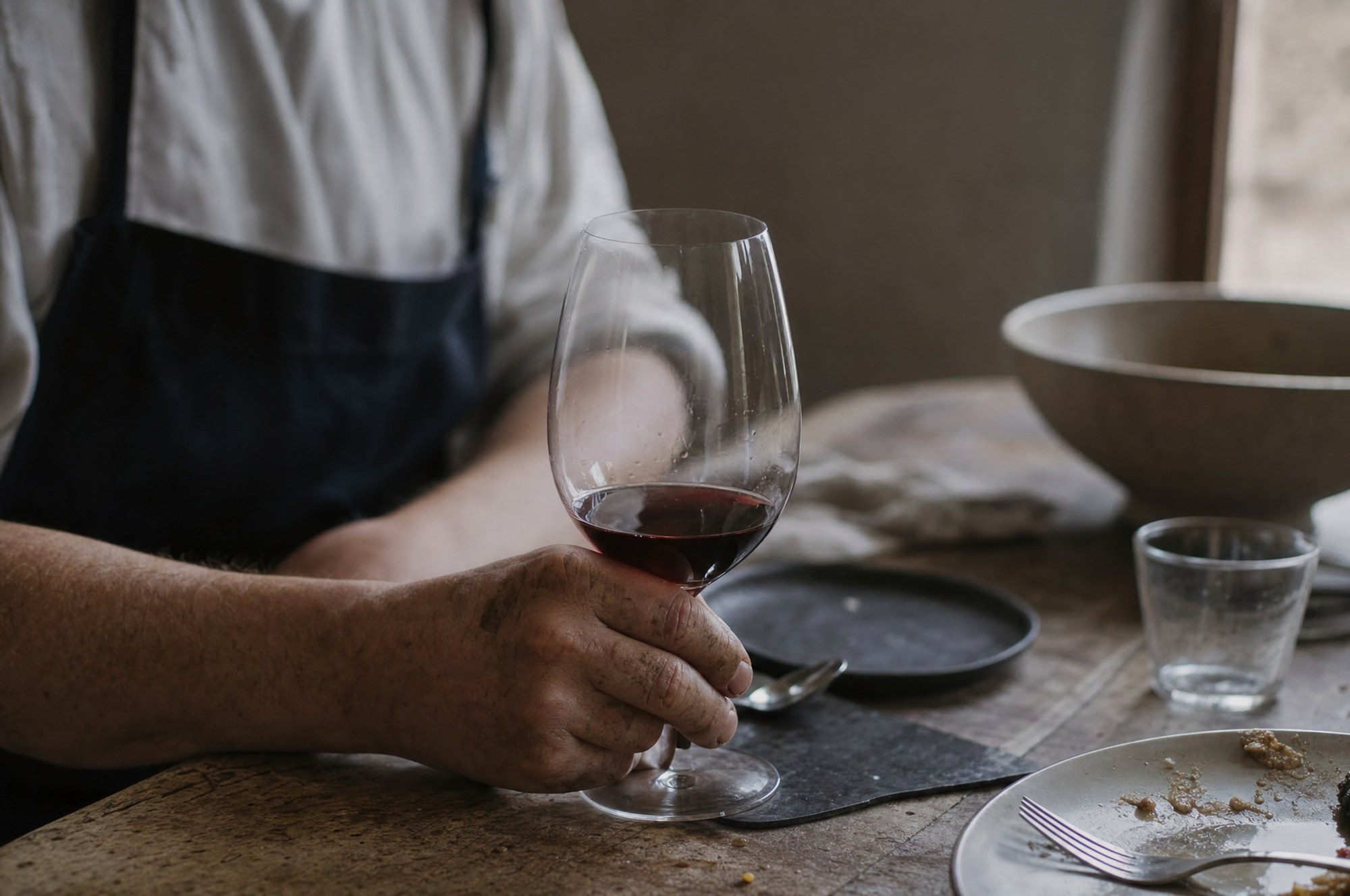 Weathered chef hands holding a glass of red wine at the end of a meal