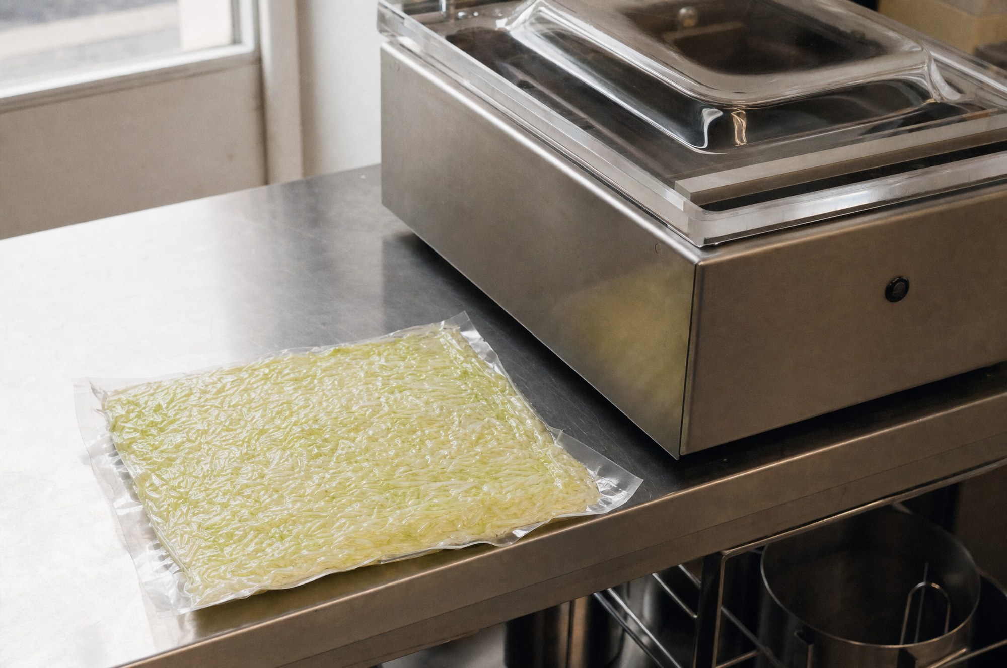 Flat vacuum-sealed bag of cabbage beside a chamber vacuum sealer