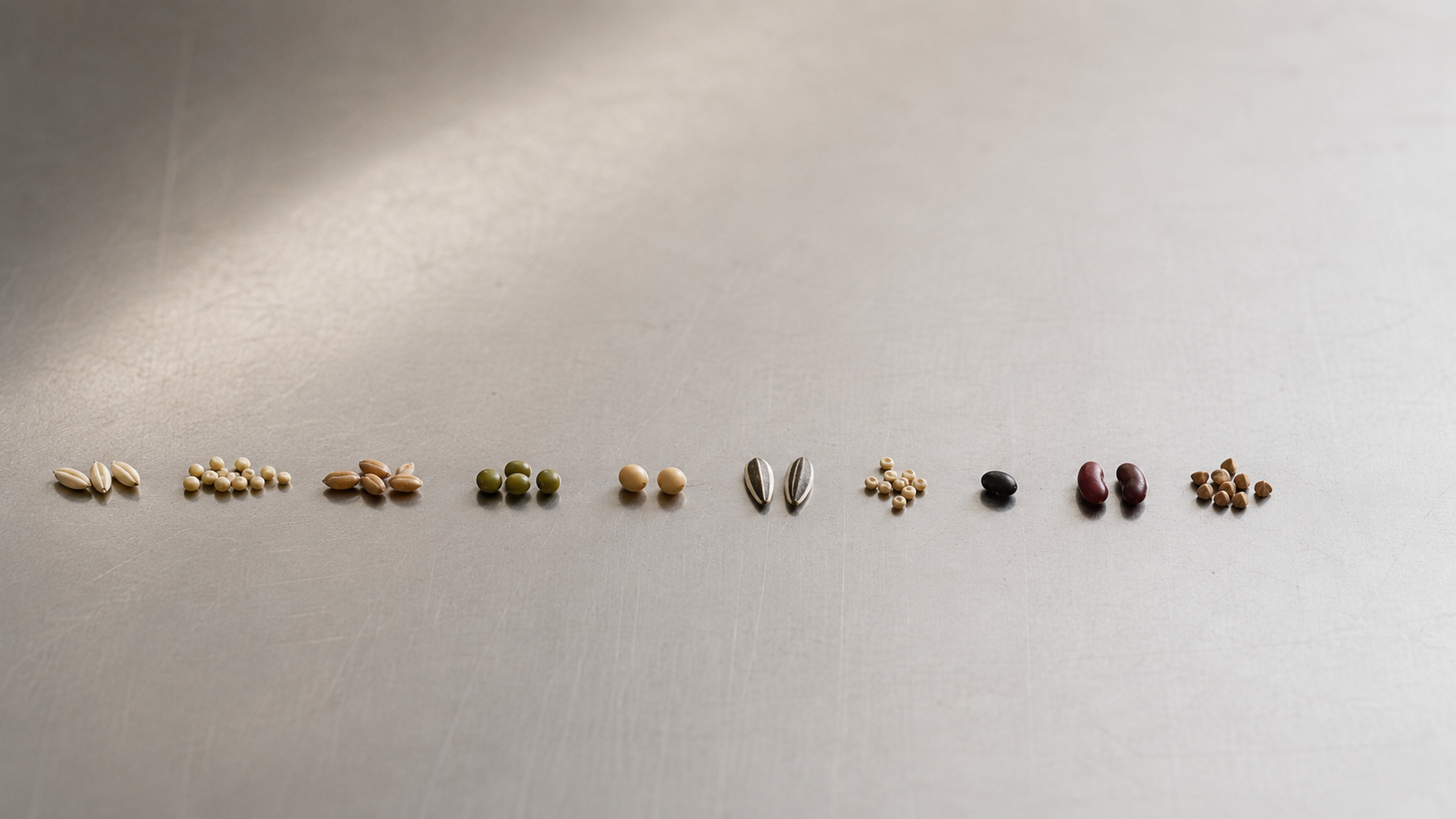 A row of seeds with several missing, fewer kinds present