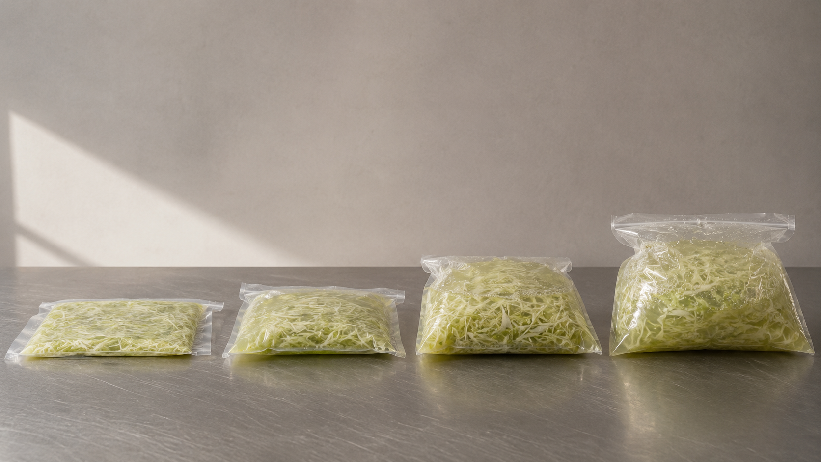 Four vacuum-sealed pouches of cabbage, flat to fully inflated, fermentation over time