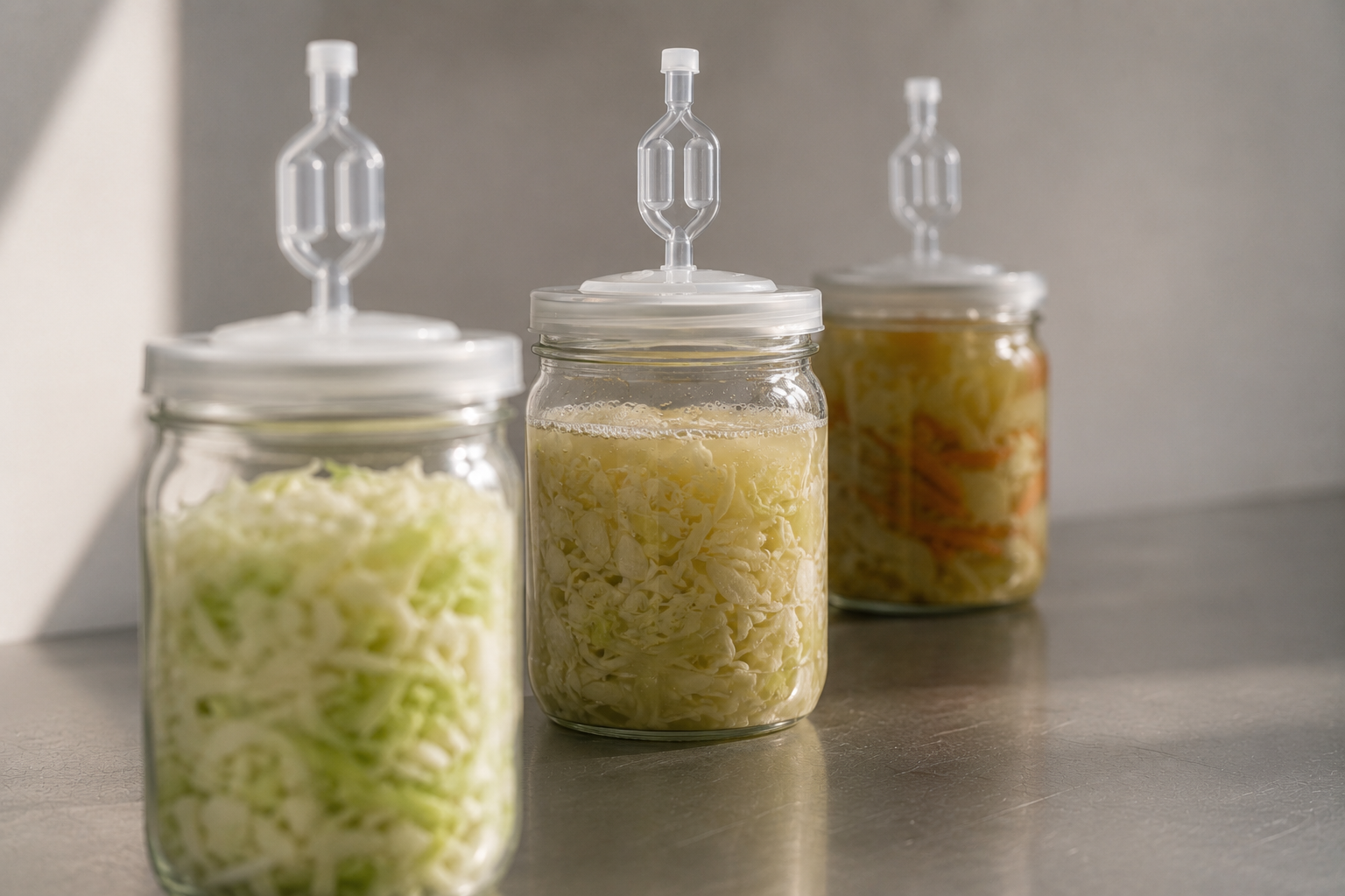 Three fermentation jars, fresh, mid-ferment and mature
