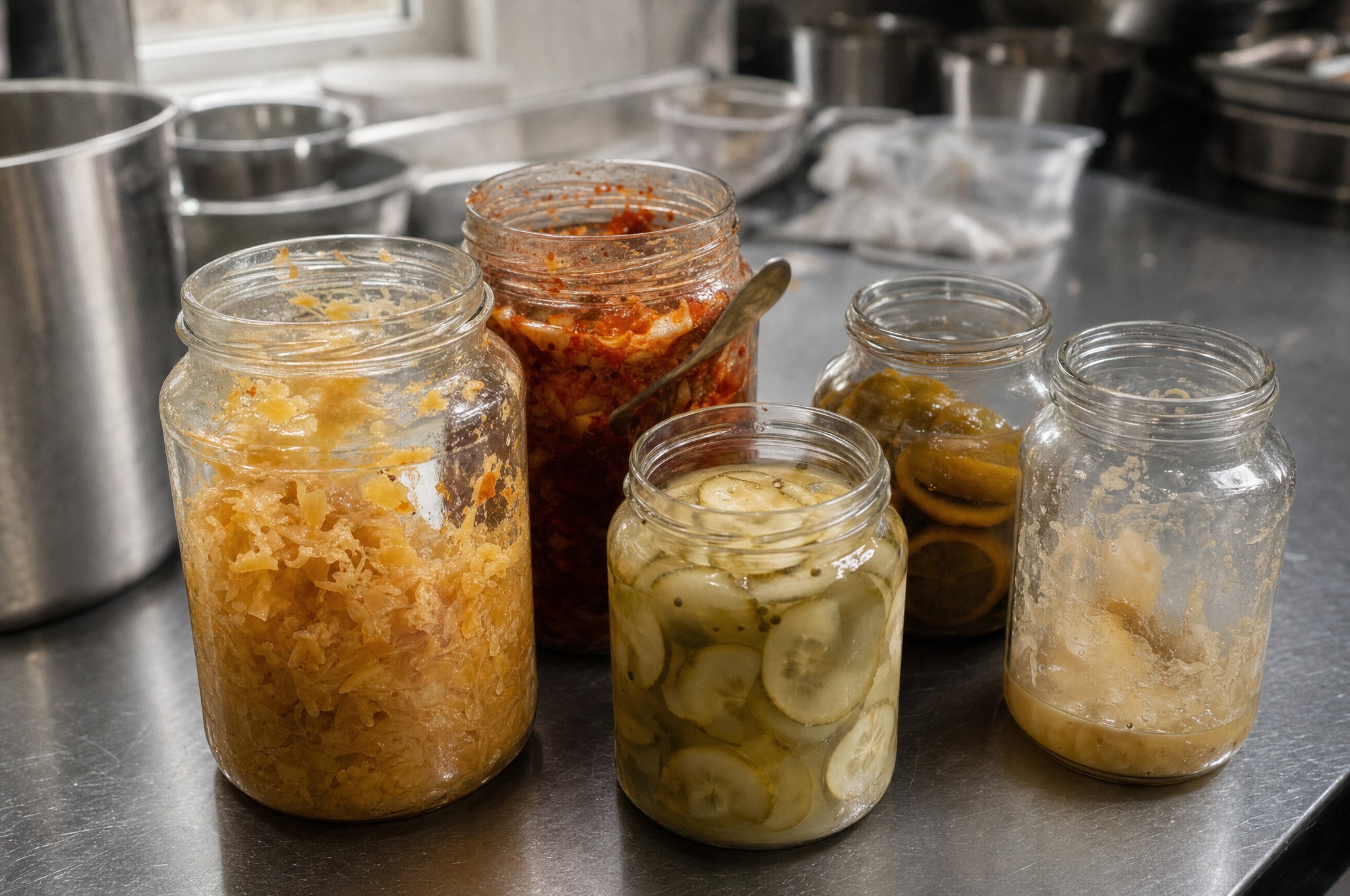 Five open jars of different ferments on a stainless steel kitchen bench