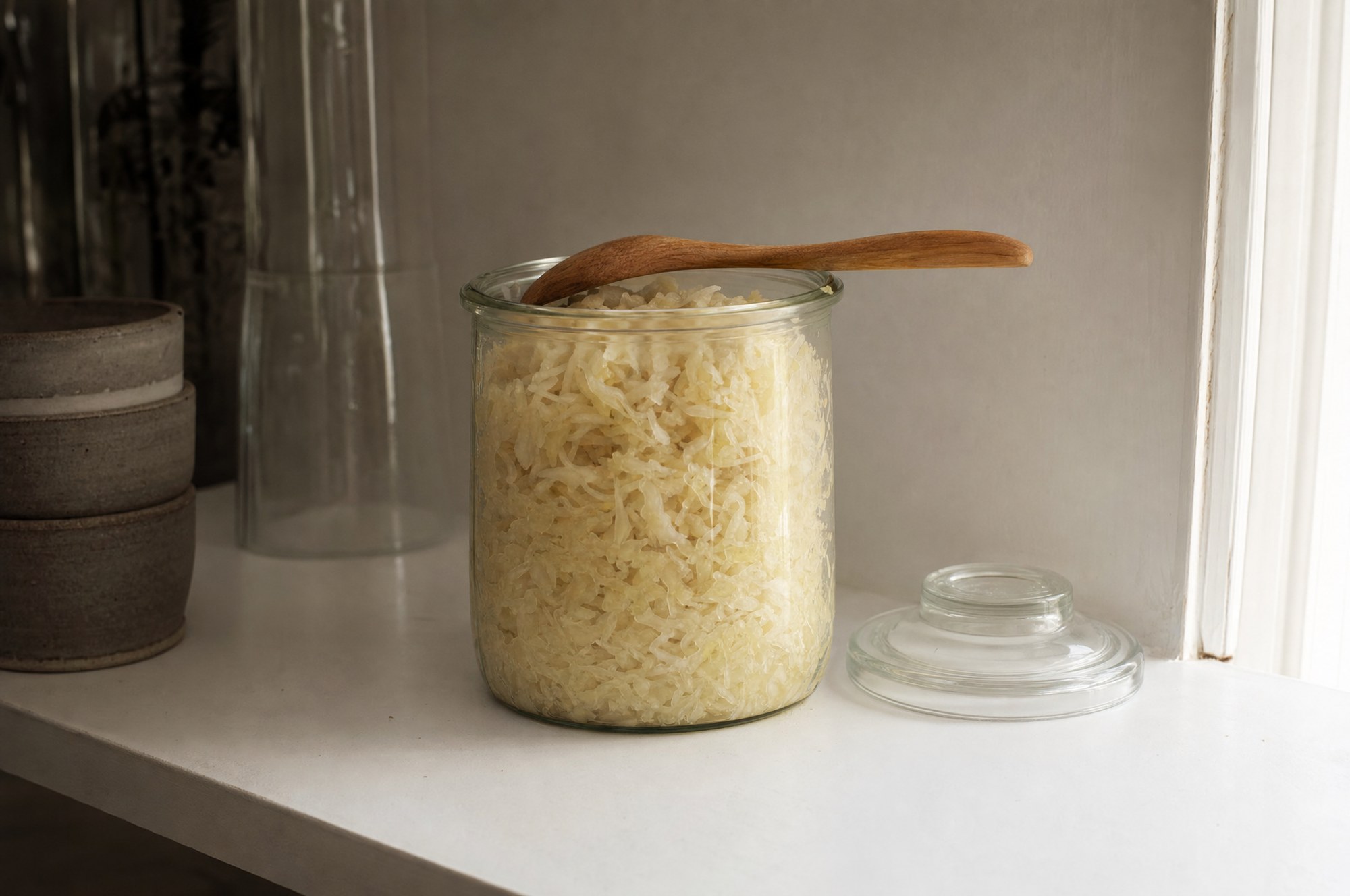 Glass jar of pale sauerkraut with a wooden spoon on a kitchen shelf
