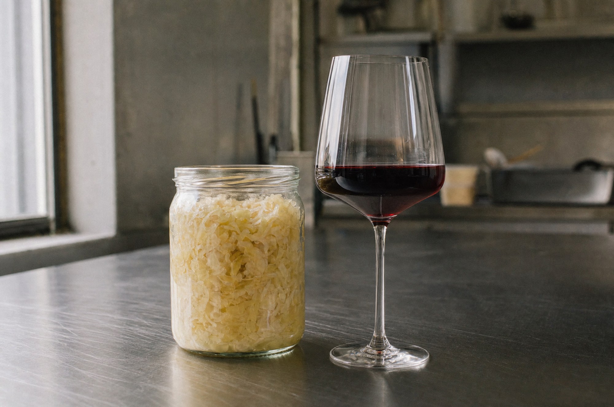 Glass jar of pale sauerkraut beside a glass of red wine on a steel bench
