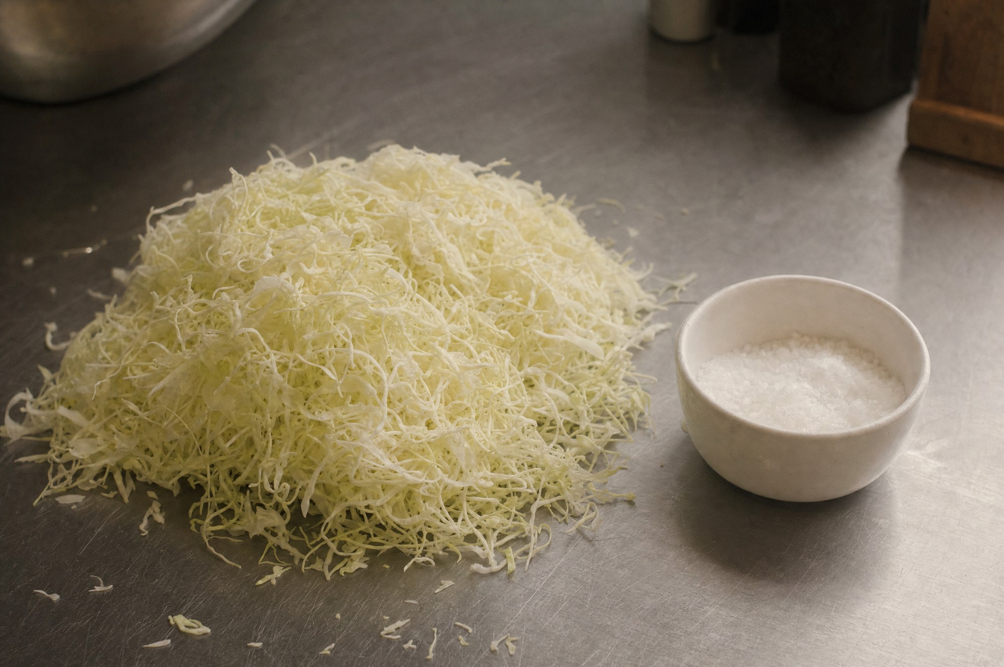 Shredded cabbage beside a bowl of salt on a steel kitchen bench