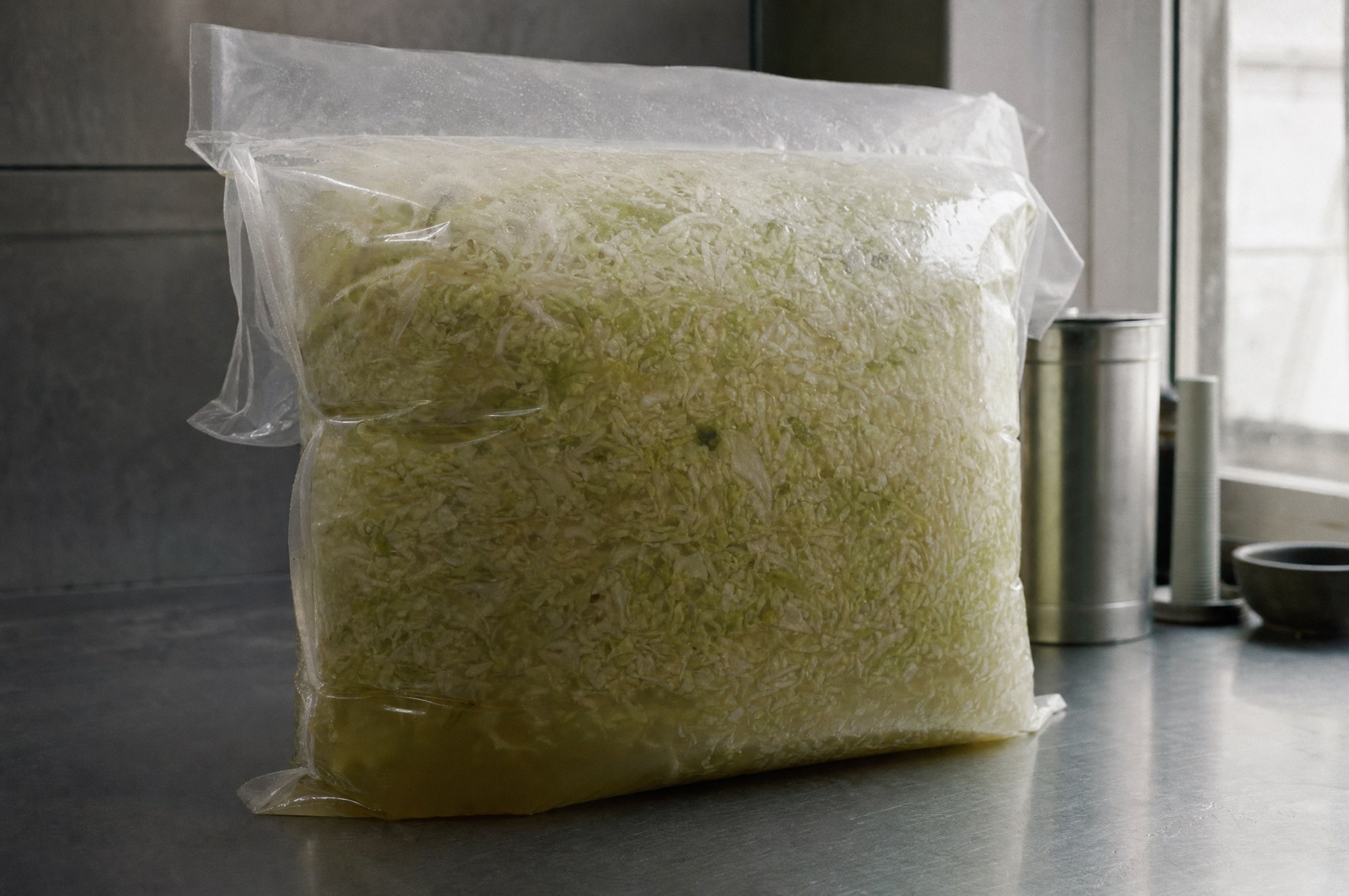 Sealed vacuum bag of cabbage fermenting, puffed with carbon dioxide
