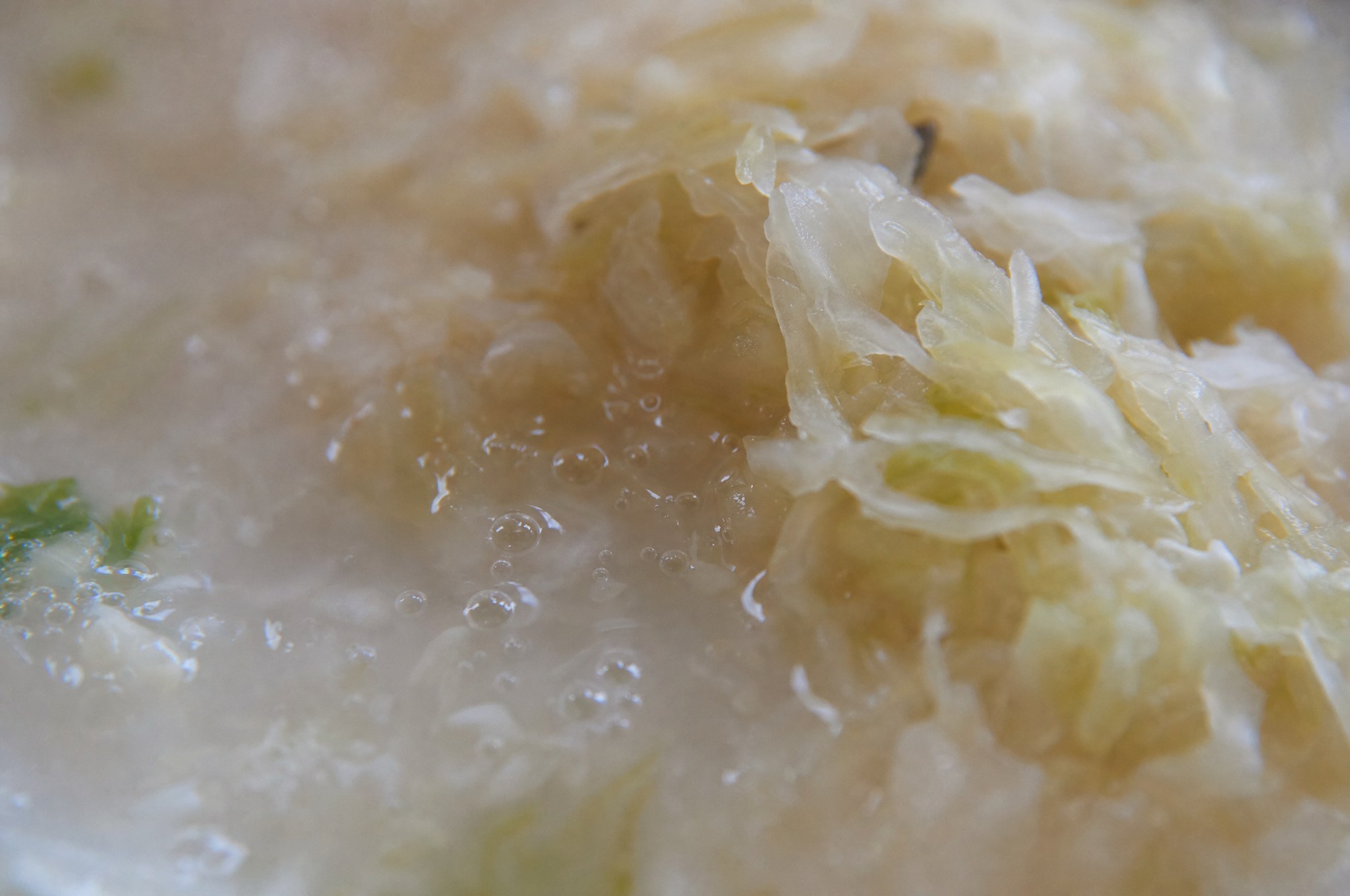 Macro of fermenting sauerkraut, cloudy brine and fine bubbles