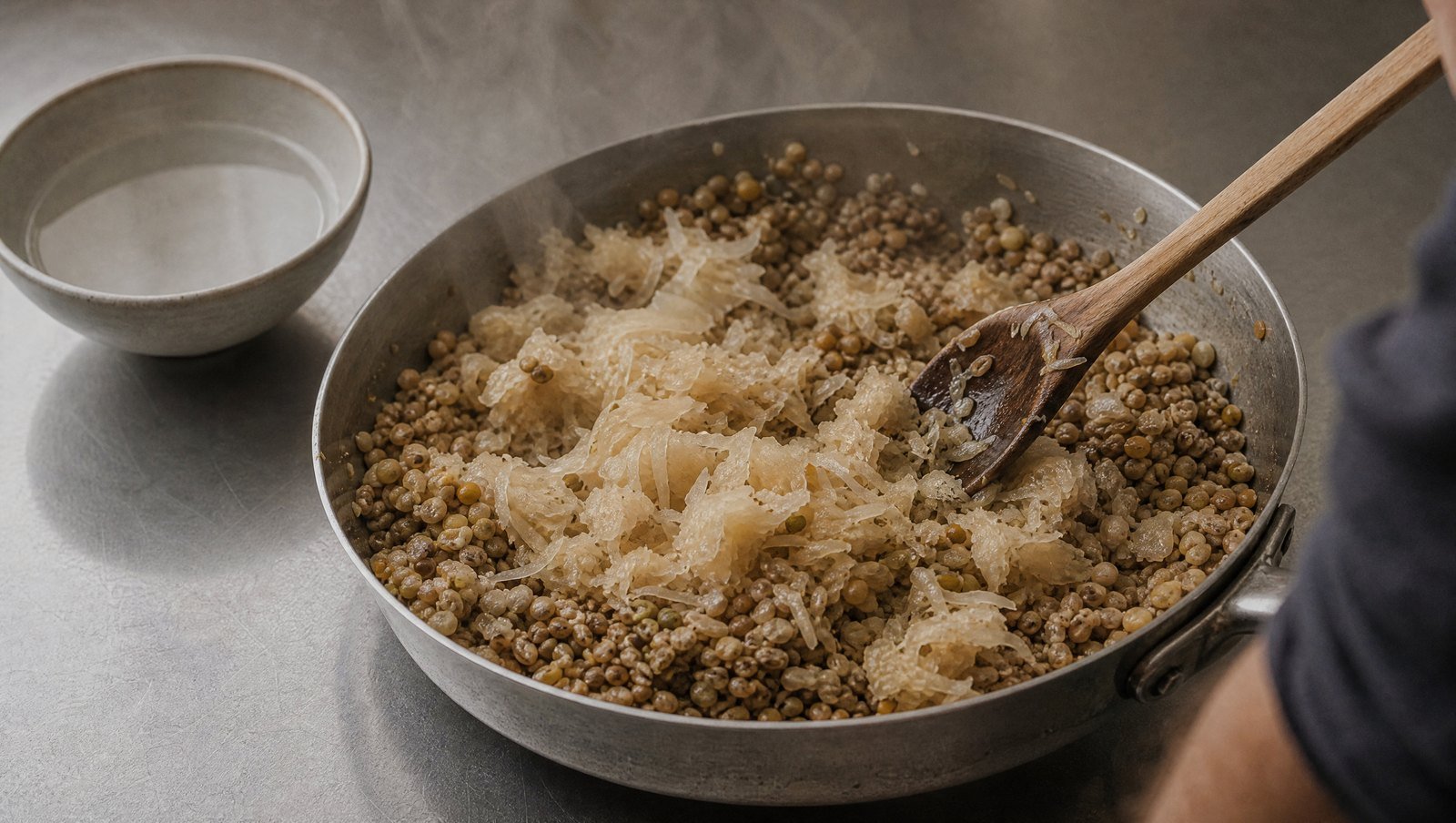 Sauerkraut folded through a pan of cooked grains with a wooden spoon, off the heat