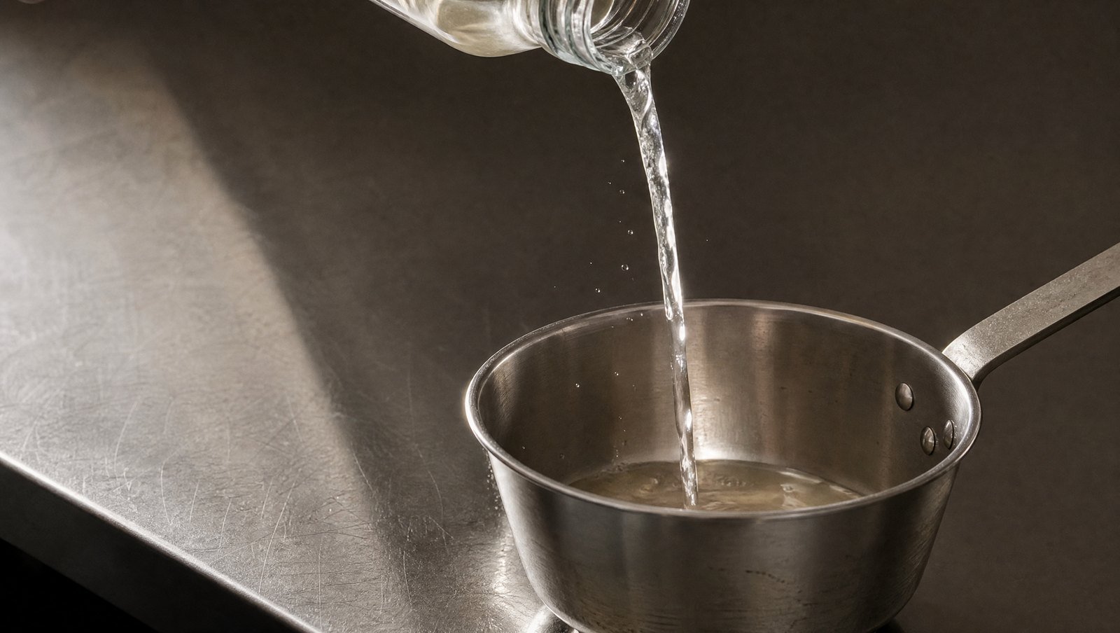 A thin backlit ribbon of brine pouring from a jar into a small steel saucepan