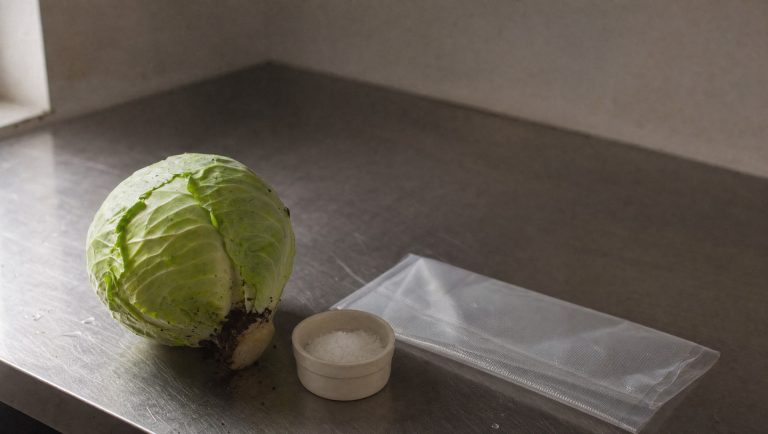 A just-harvested cabbage with soil still on its base beside a dish of salt and a flat vacuum bag on a worn steel bench