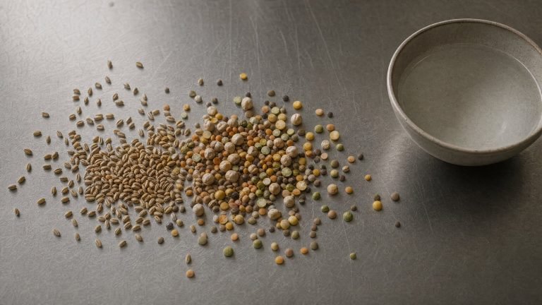 Dry wheat grain and pulses on a stainless steel bench with a bowl of water entering frame