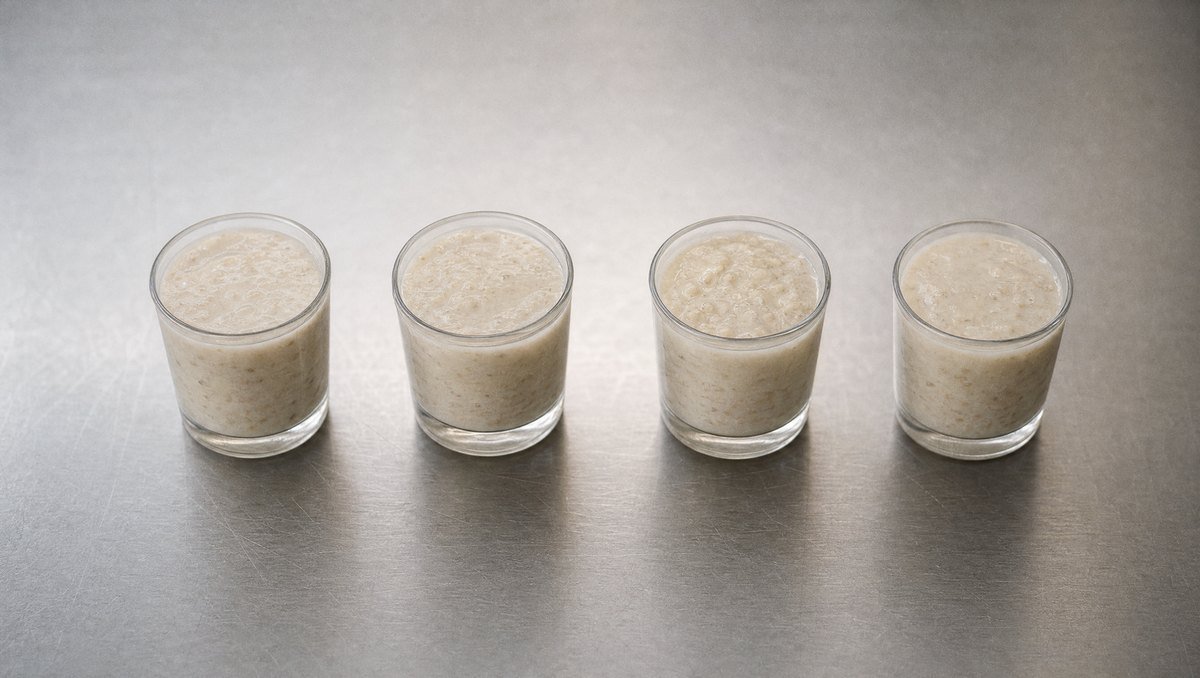 Four identical glasses of oat gruel in a row on a steel bench