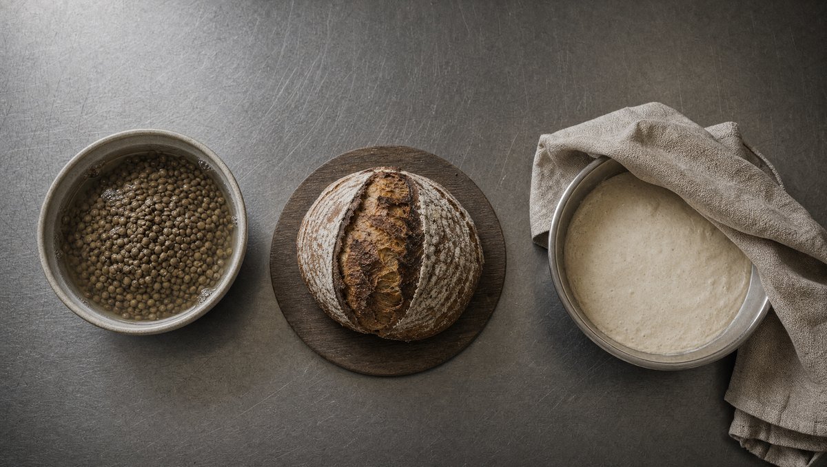 A soaking bowl of lentils, a sourdough loaf and a covered batter bowl on one bench