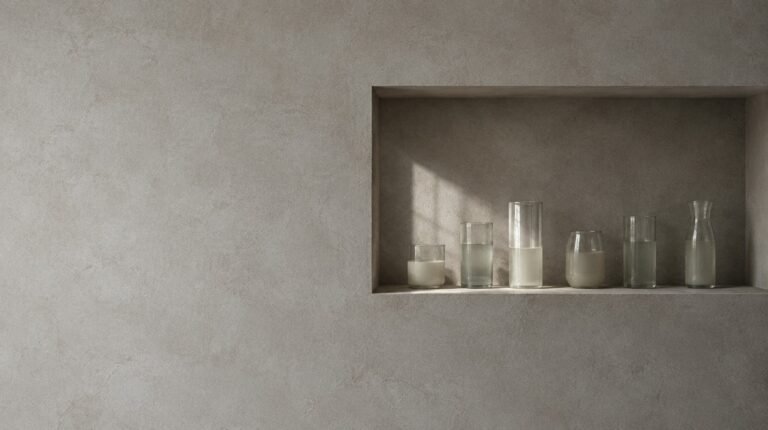 Six unlabelled vessels in a shallow niche, raking light