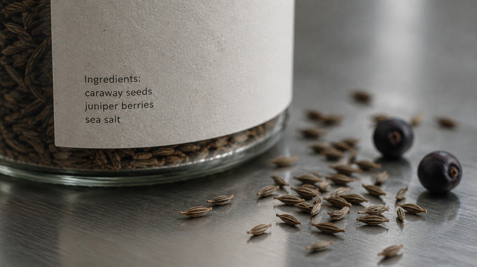 The ingredient list on the side of a kraut jar, caraway and juniper on the steel bench