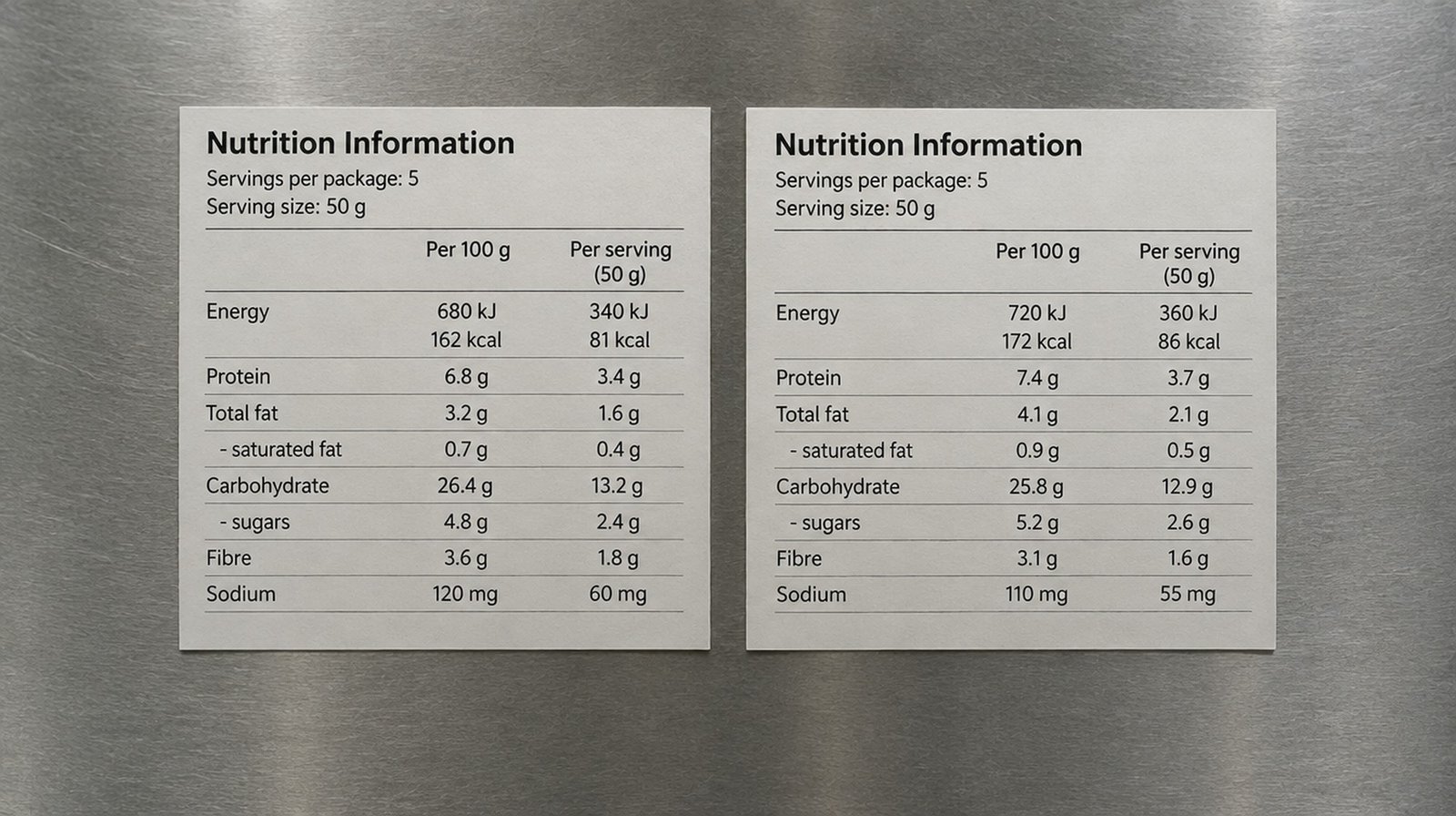 Two nutrition information panels side by side on stainless steel, figures differing