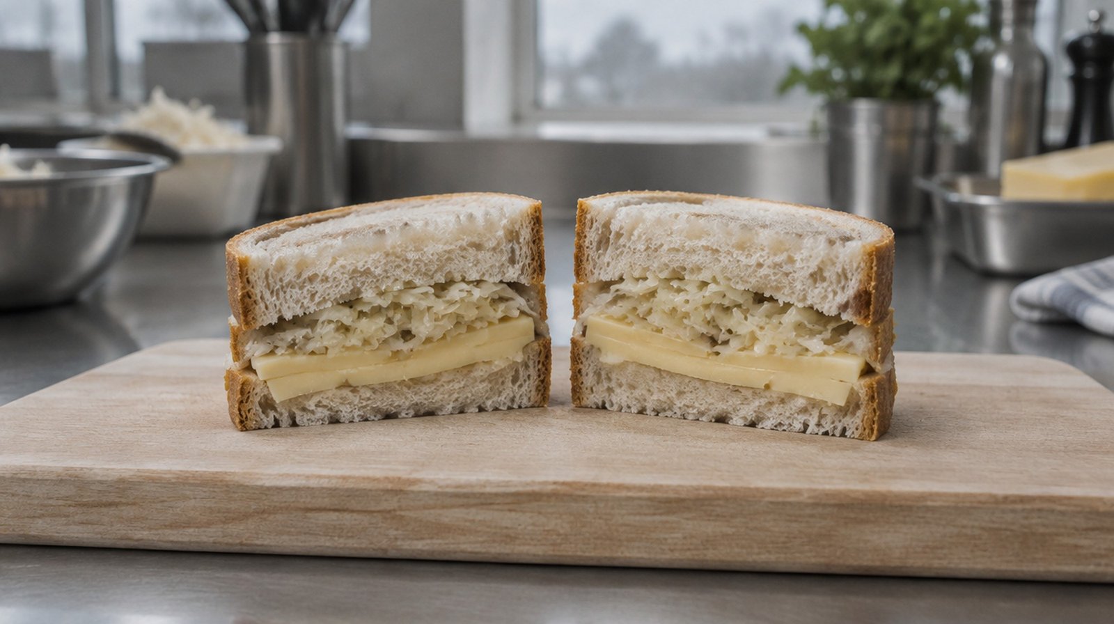 A cut cheese and kraut sandwich on a wooden board in a kitchen