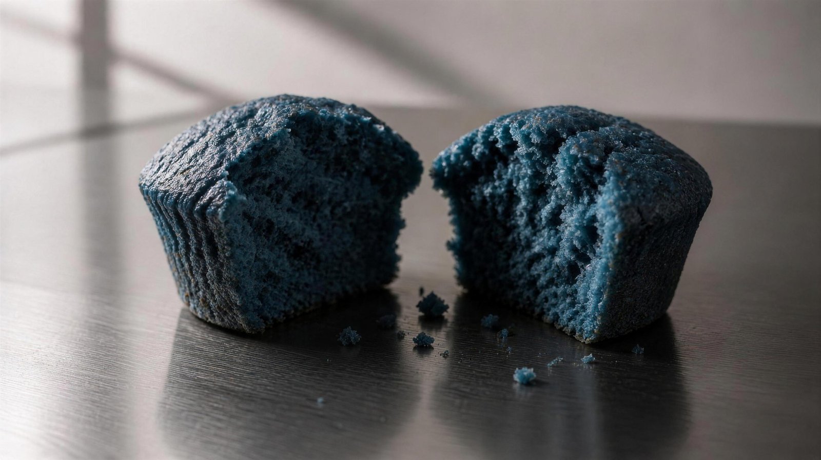 A muffin broken in half on a stainless bench, its crumb dyed blue