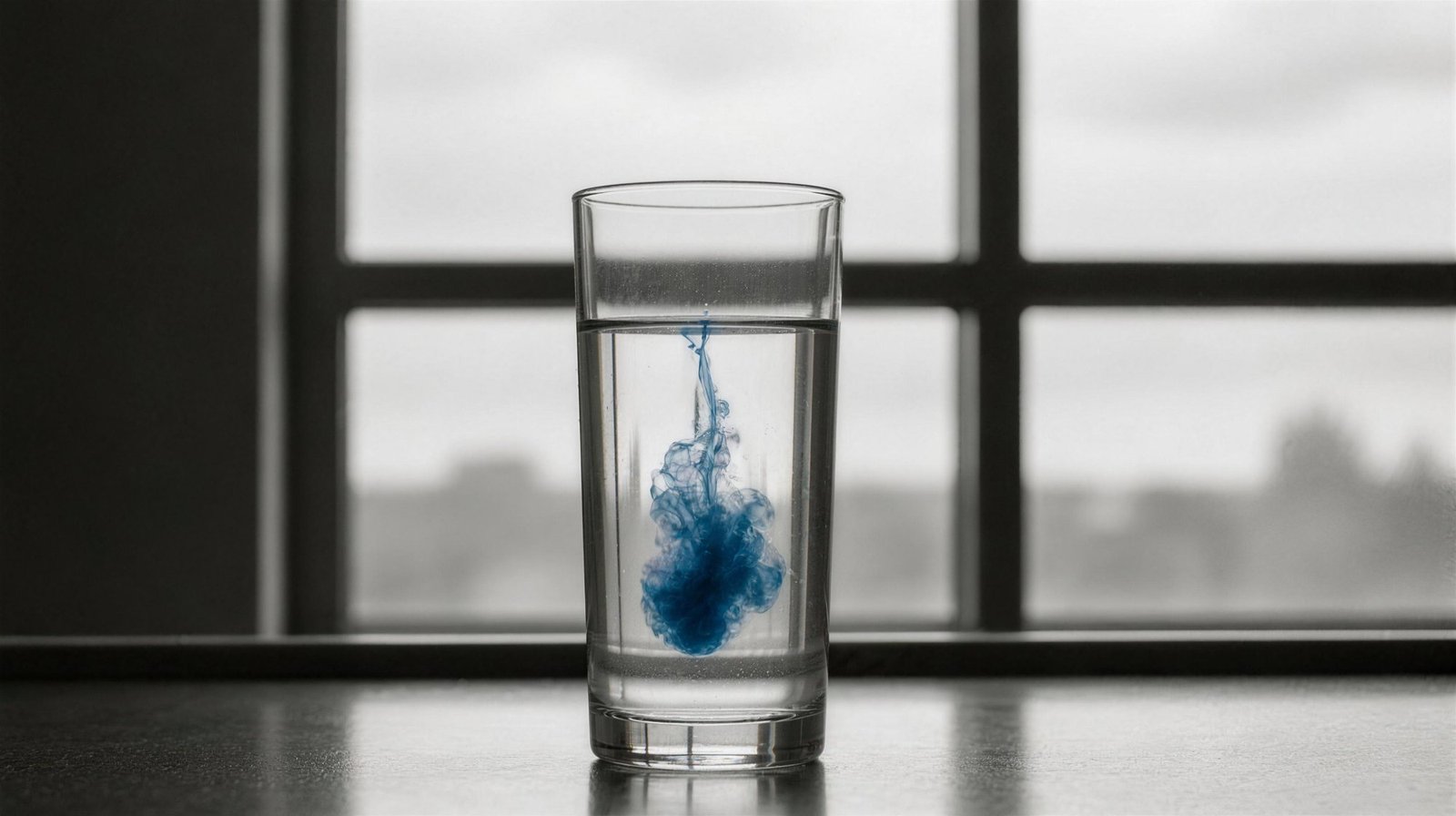 Blue colouring unfurling through a glass of water, backlit