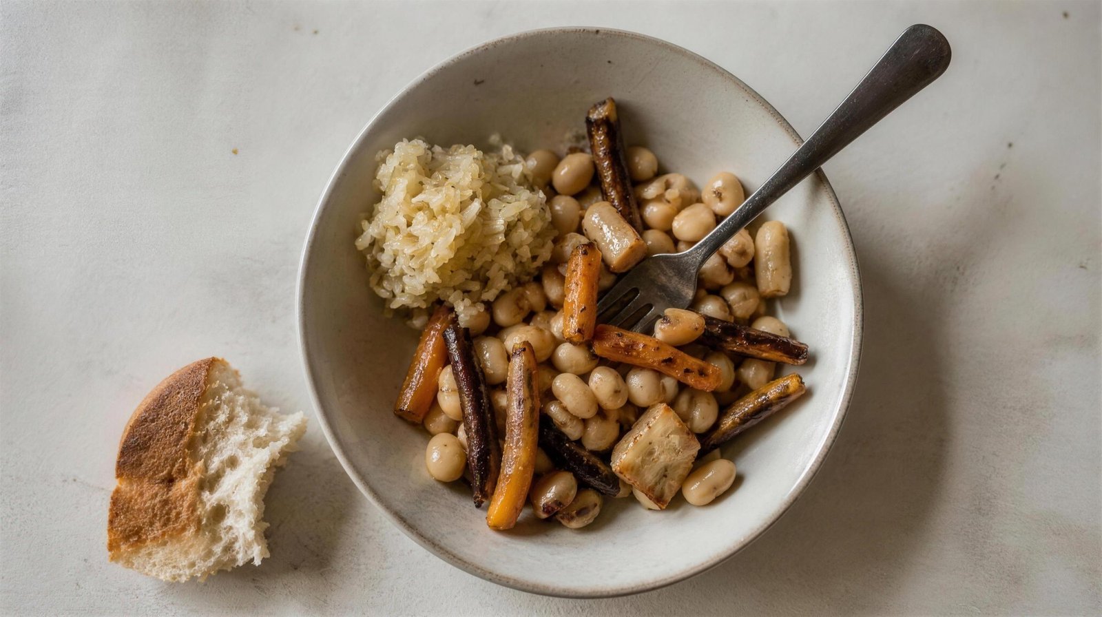 An overhead bowl of beans and roast vegetables on a stainless bench, a small dish of kraut beside it